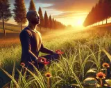 Man i lotusställning i soluppgången, omgiven av daggvått gräs. En stund av mantra meditation i naturens lugn.