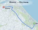 Mappa che mostra la distanza Rimini Riccione con un percorso blu che collega le due città.