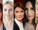 Fem svenska kvinnliga skådespelare i en collagebild. Deras ansikten visas i närbild, med olika uttryck och åldrar.