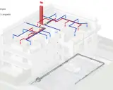 Diagrama de un sistema de vmc ventilacion en un edificio, mostrando conductos de aire limpio (azul) y aire viciado (rojo) distribuidos por las habitaciones.