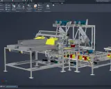 Disegni inventor di una macchina confezionatrice automatica, con nastri trasportatori e componenti meccanici.