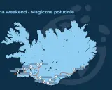 Mapa trasy "Islandia na weekend - Magiczne południe". Zaznaczone punkty: Reykjavik, Gullfoss, Jökulsárlón i inne atrakcje południowego wybrzeża.
