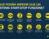¿Qué podría impedir que un sistema start-stop funcione? Muestra iconos de problemas: temperatura, cinturones, puerta abierta, pendiente, ventilación, capó, batería, sensor de aire y carga.