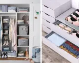 Ideas para organizar armarios por dentro: ropa colgada, zapatos, cajones con separadores para lencería y calcetines.
