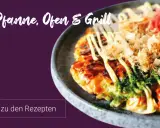 Leckere japanische Rezepte für Pfanne, Ofen & Grill. Ein Okonomiyaki mit Toppings.
