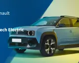 El nuevo coche eléctrico grande Renault 4 E-Tech Electric, con su diseño moderno y futurista, se presenta sobre un fondo degradado de azul a amarillo.