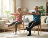 Uśmiechnięci seniorzy wykonują zestaw ćwiczeń dla seniorów w domu, siedząc na krzesłach i unosząc nogi.