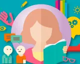 Ilustración sobre apoyo y comprensión para el trastorno específico del aprendizaje, con iconos de ayuda, comunicación y aprendizaje.
