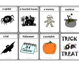 Karty z obrazkami: pająk, nawiedzony dom, mumia, kociołek, nietoperz, kalendarz z datą 31 października, dynia i napis "Trick or Treat". Idealne do nauki halloween słówka po angielsku.