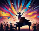 En orkester spelar vid en flygel, publiken jublar under färgsprakande banderoller och noter. En hyllning till svenska eurovision vinnare.