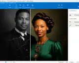 Un uomo in bianco e nero, graffiato, accanto a una donna colorata e ritoccata. L'app per fotografie mostra la trasformazione.