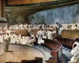 Män i toga samlas i en antik sal, en scen som skildrar en konstitutionell republik i full gång.