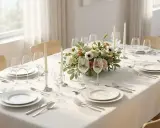 Élégant dressage d'une table à la française, avec un centre de table floral, des bougies et des couverts en argent.