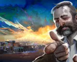 Harrier Du Bois z Disco Elysium, z kciukami w górę, na tle surrealistycznego, kolorowego nieba i miasta.
