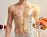 Skóra z wysypką i naczynia krwionośne z kroplami oleju, obok łosoś i orzechy. Objawy niedoboru omega-3 mogą być widoczne na skórze.