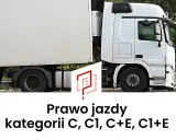 Biała ciężarówka z naczepą. Tekst: Prawo jazdy kategorii C, C1, C+E, C1+E.
