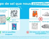 Le fabricant d'adoucisseur d'eau recommande le sel en pastilles Fontaigue, évaporé ou d'autres marques. Évitez les blocs, cristaux, berlingots et ogives.