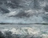 En dramatisk havsvy med tjocka, virvlande penseldrag som skapar en känsla av storm. En av många strindberg tavlor som fångar naturens råa kraft.