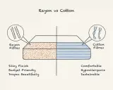 Rayon vs Cotton comparison. Rayon fibers are shown with a silky finish, budget-friendly, and drapes beautifully. Is rayon a good fabric? Yes, for these qualities!