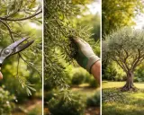 Tricolore montrant la taille d'un olivier d'ornement : sécateur, main gantée cueillant des olives, et l'arbre taillé dans un jardin ensoleillé.