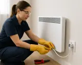 Une femme en gants jaunes manipule le câble blanc d'un radiateur électrique. La couleur fils radiateur electrique est blanc.