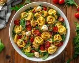 Bunter Tortellinisalat mit Kirschtomaten, Mozzarella-Kugeln und Rucola – perfekt für schnelle Partysalate.