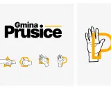 Logo Gminy Prusice. Kolor biały symbolika czystości i otwartości. Dłonie symbolizują współpracę i pozdrowienie.