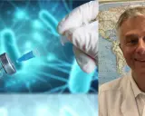 Läkare med världskarta bakom sig, bredvid bild på vaccin och spruta. Frågan "vilka vaccin har jag" kan besvaras med hjälp av denna expert.