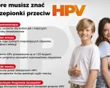 Uśmiechnięty chłopiec i dziewczynka na tle informacji o szczepionce HPV.