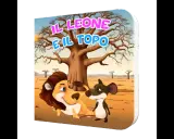 Copertina libro "Il leone e il topo", divisione in sequenze. Un leone riposa sotto un albero mentre un topolino lo osserva.