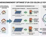 Schéma de dimensionnement d'un CESI pour un foyer, incluant la taille des capteurs solaires thermiques et le volume du ballon de stockage.