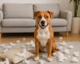 Un chien au poil roux et blanc, assis au milieu d'un salon, entouré de rembourrage de coussin. Un vrai chien destructeur, que faire ?