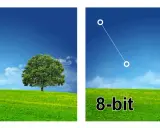 Porównanie jakości obrazu: po lewej 10-bitowe niebo jest gładkie, po prawej 8-bitowe ma widoczne pasy.