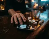 Mężczyzna sprawdza poziom cukru we krwi obok szklanki whisky i kostek cukru. Alkohol a gęstość krwi – ważna kwestia dla diabetyków.