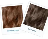 Zwei Polaroid-Fotos zeigen verschiedene Schattierungen von braunem Haar: "Butterscotch" und "Espresso".
