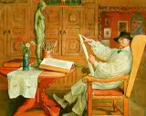 Carl Larsson sitter i en stol och ritar på en duk. Framför honom står en statyett, en bok och en vas med blommor.