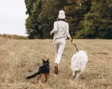 Kobieta z dwoma psami biegnie przez łąkę. Idealne miejsce, gdzie na wakacje z psem w Polsce.