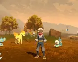Postać z gry Pokemon Legends Arceus stoi na tle jesiennego krajobrazu z kilkoma Pokémonami: Shinx, Ponyta, Butterfree, Oshawott i Snorunt.