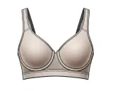 Reggiseno sportivo color carne, con spalline nere e dettagli in rete. Un classico reggiseno in francese, perfetto per ogni attività.