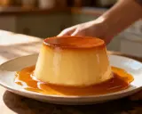 Un délice doré et onctueux, la vraie crème caramel coule sur une assiette rustique, baignée de soleil.