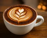 Ein wunderschöner Caffè Mocca mit Latte Art, der auf einem Holztisch steht.