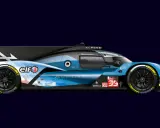 Coche Alpine A424 listo para las 24 horas de Le Mans, con patrocinadores como Elf y Michelin.