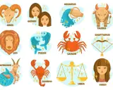 Ilustracja przedstawia znaki zodiaku: Baran, Bliźnięta, Wodnik, Byk, Lew, Ryby, Rak, Strzelec, Koziorożec, Skorpion, Waga i Panna.
