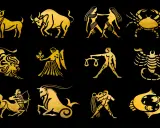 Dodici simboli dorati del **segno zodiacale** su sfondo nero, come un **quarzo citrino** che illumina il cielo notturno.