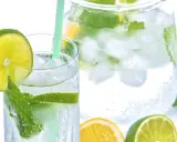 Erfrischendes Tonic Water stillen Durst mit Eis, Minze und Limette. Ein Glas und eine Karaffe voller Kühle.