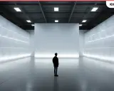 Una persona solitaria contempla una pared blanca en un espacio minimalista e iluminado.