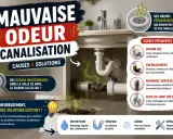 Infographie sur la mauvaise odeur canalisation : causes (siphon sec, encrassement, mauvaise ventilation, fuite) et solutions (entretenir, vérifier, aérer, réparer).