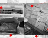 Brottsutredarna undersöker ledtrådar i en radioteater deckare. Detaljer från brottsplatsen visas med markeringar.