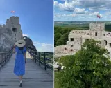 Ruiny zamku na skale, z polską flagą. Widok na okoliczne wzgórza i lasy. Wspaniałe zamki w okolicy Krakowa.