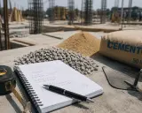 En una obra, un cuaderno con cálculos, cinta métrica, pala, grava, arena y un saco de cemento de 50 kg, listo para el peso hormigón.